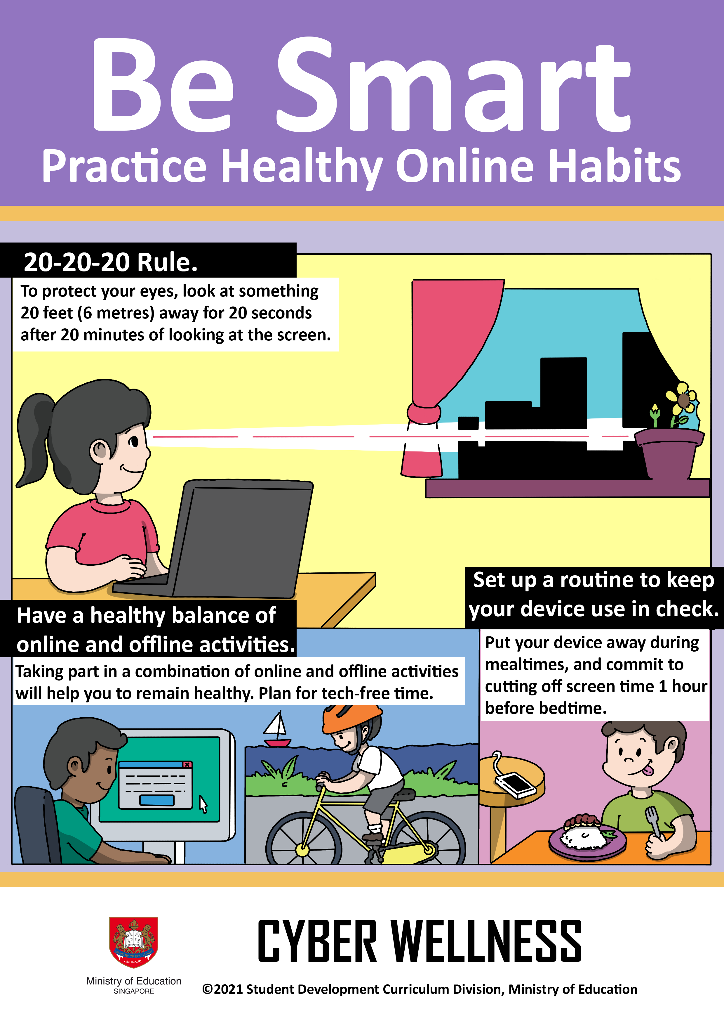 Cyber Wellness poster titled Be Smart Practice Healthy Online Habits with tips on screen time and the 20-20-20 rule.